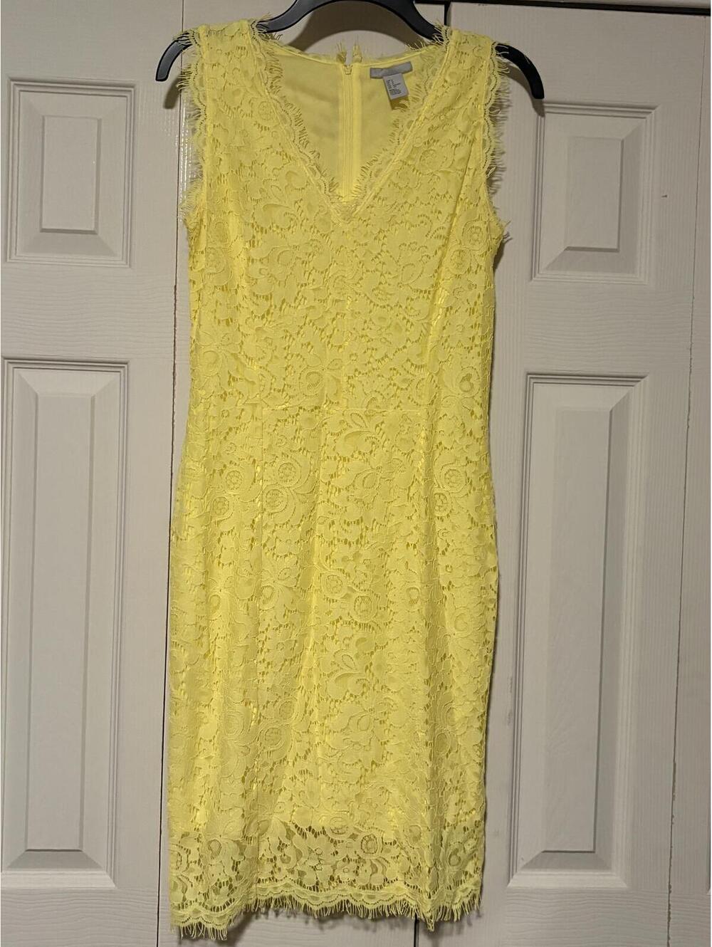 H&M Yellow Floral Lace Sheath Dress Sleeveless Eyelash Lace Wedding Guest